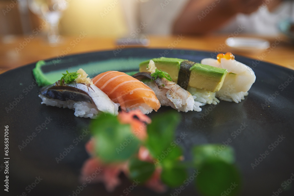 Japanese, sushi and luxury food at a restaurant for dinner or lunch meal at a healthy Asian cafe on 