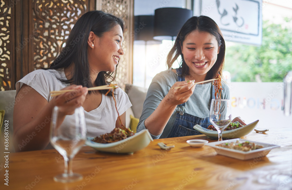 Restaurant, girl friends and lunch with food, noodles and cafe happy from bonding. Asian women, eati