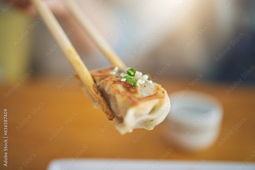 Closeup, protein and chopsticks with dumpling at a restaurant for food, Asian culture or fine dining