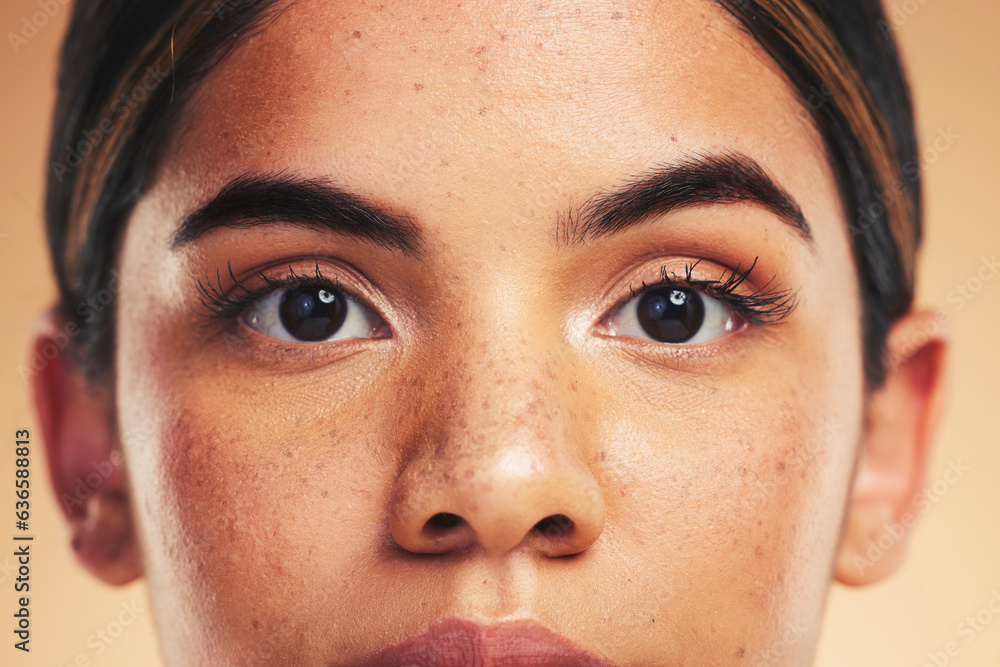 Woman, skin and closeup in studio portrait with beauty, cosmetics and natural glow on face by backgr