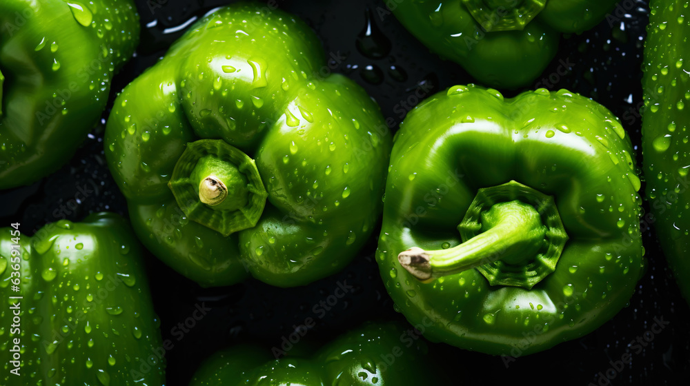 Fresh green bell peppers with water drops background. Vegetables backdrop. Generative AI