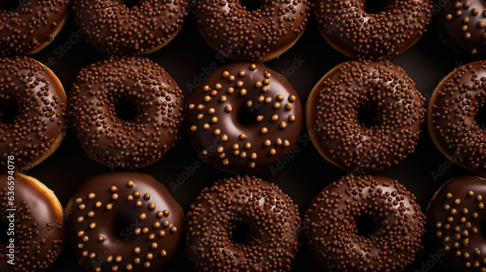 Donut with chocolate glaze background. Round american chocolate doughnuts. Generative AI