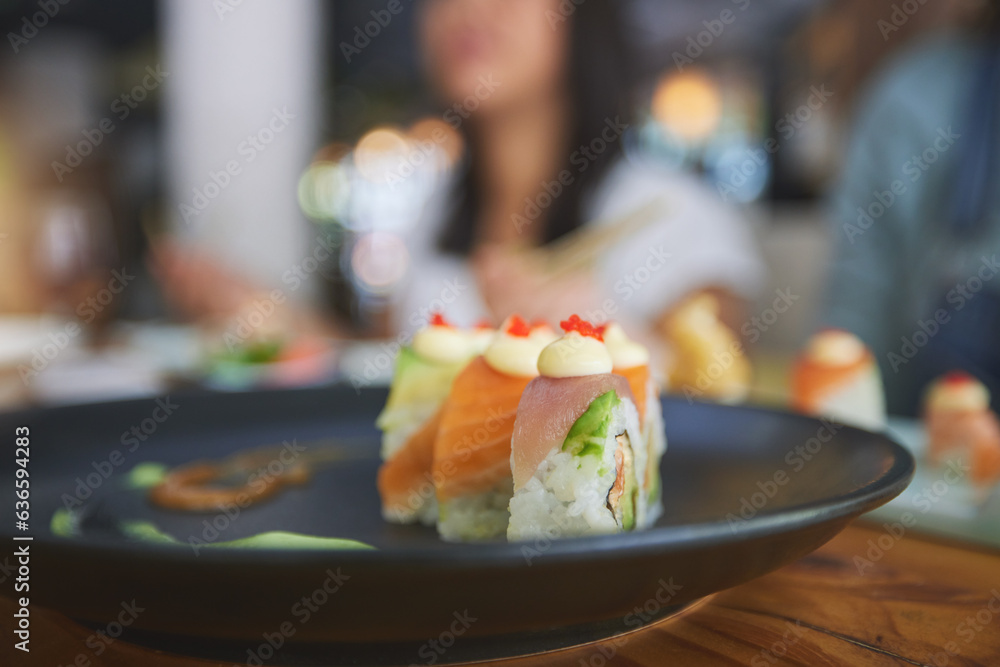 Restaurant, food and closeup of sushi on a plate for luxury, healthy and authentic Asian cuisine. Pl