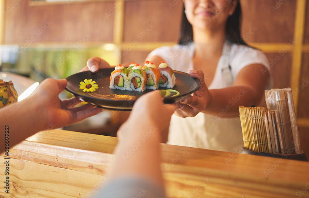 Sushi, restaurant worker and woman hands with smile from food and Asian meal in kitchen. Happy, fema