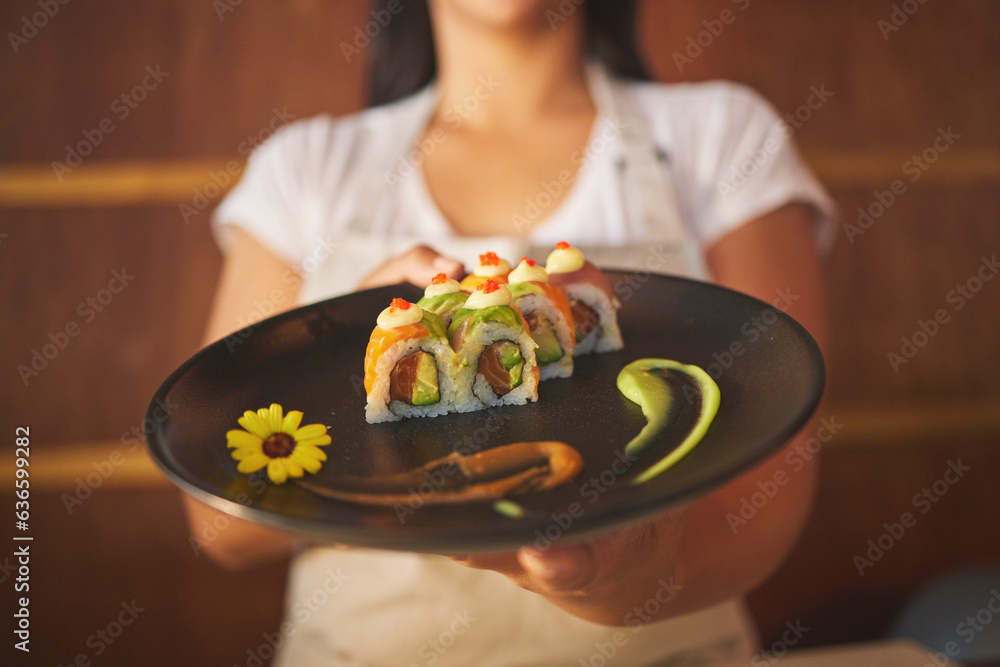 Sushi plate, waiter hands and restaurant with service, helping and catering job in closeup. Small bu