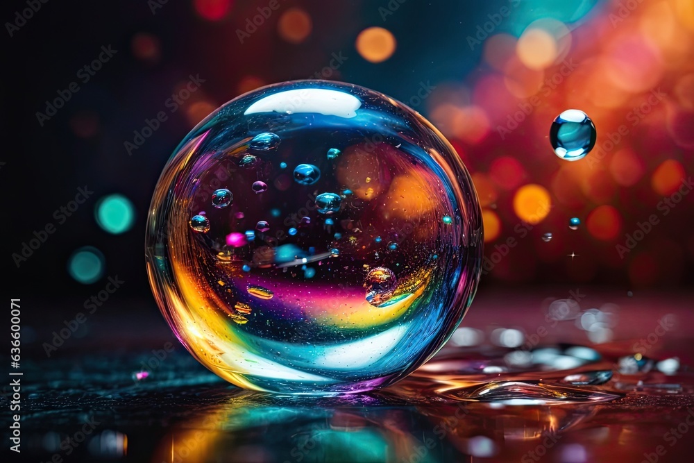 Iridescent soap bubble on multicolored background, crystal ball in the glass, background with bubble