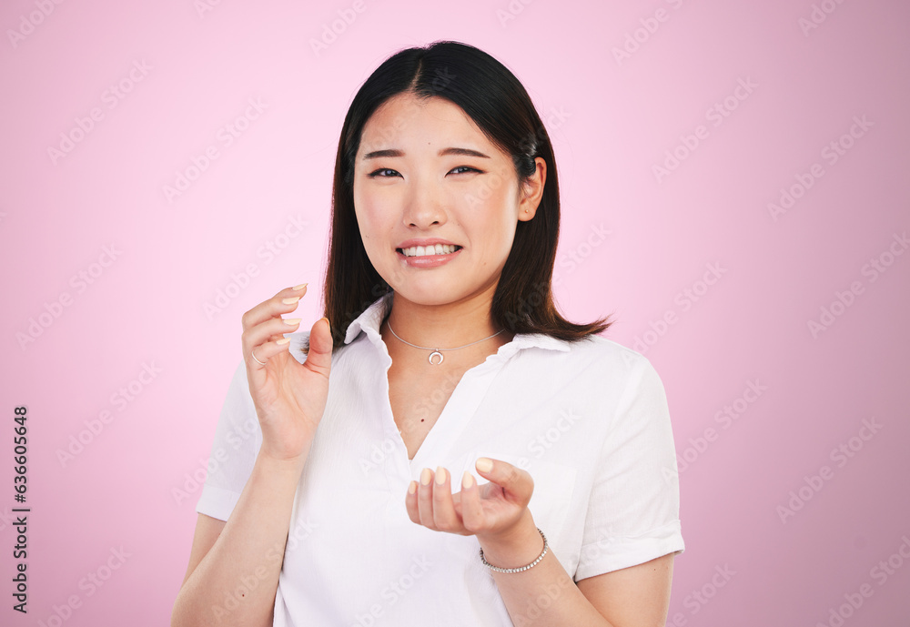 Portrait, confused and question with an asian woman on a pink background in studio for problem solvi