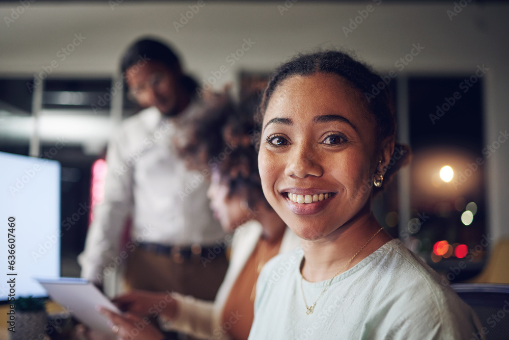 Portrait, night and woman with a smile, business people and planning with teamwork, brainstorming an