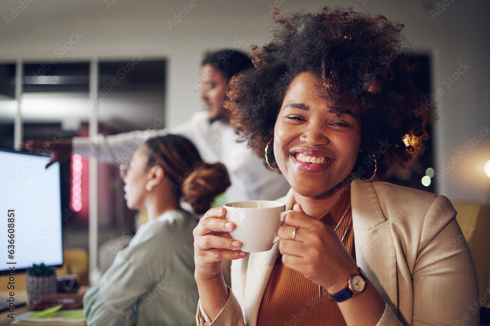 Coffee, office portrait and business woman smile in coworking company with worker and relax. African