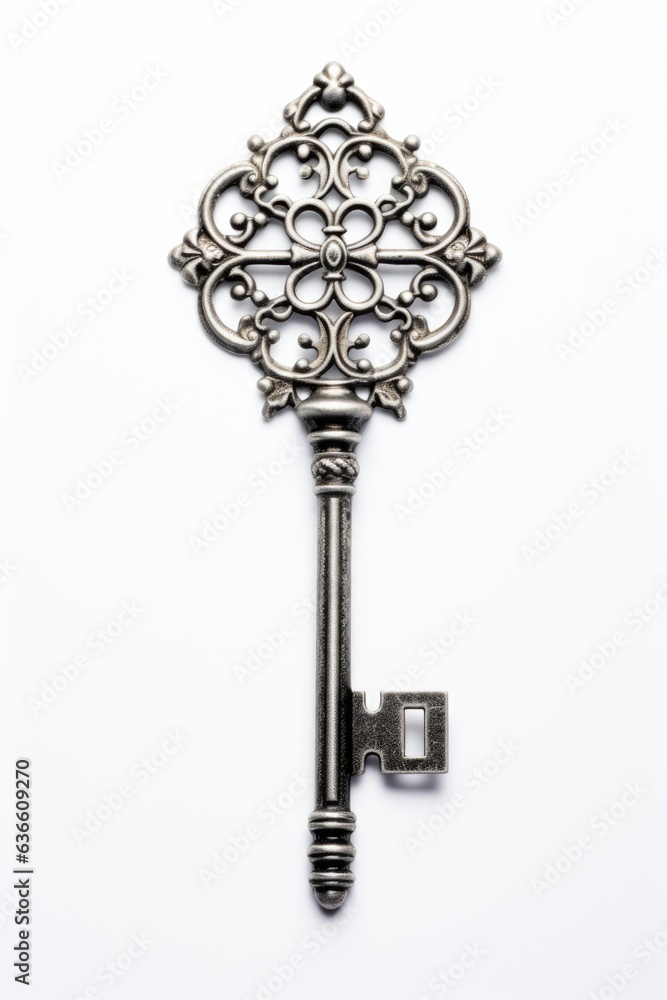 A metal key with an ornate design on it. Digital image.