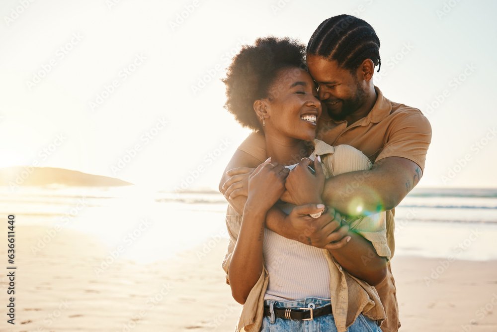 Beach sunset, love and happy black couple hug, sunshine and enjoy bonding time together on romantic 