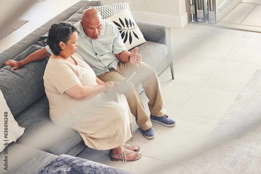 Senior, tablet and frustrated couple search online on couch together online or internet with stress 