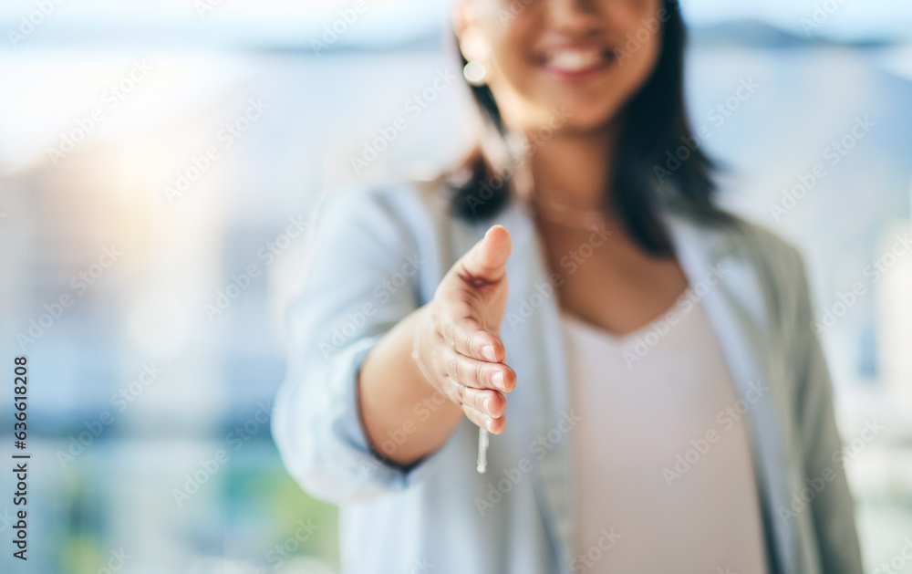 Closeup, corporate and woman with handshake, agreement and contract with collaboration, b2b meeting 