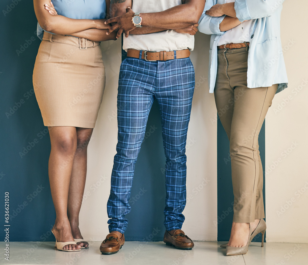 Business people, legs and arms crossed at wall, human resources and recruitment employees. Hr, feet 