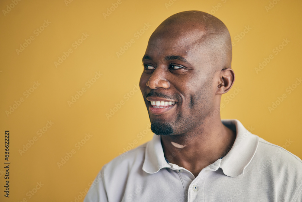 Thinking, happy and black man in creative business studio isolated on a yellow background mockup spa