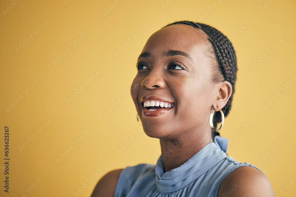 Thinking, smile and black woman in creative business studio isolated on a yellow background mockup s