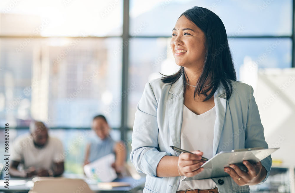 Asian woman in office with clipboard, smile and leadership with business meeting schedule in profess