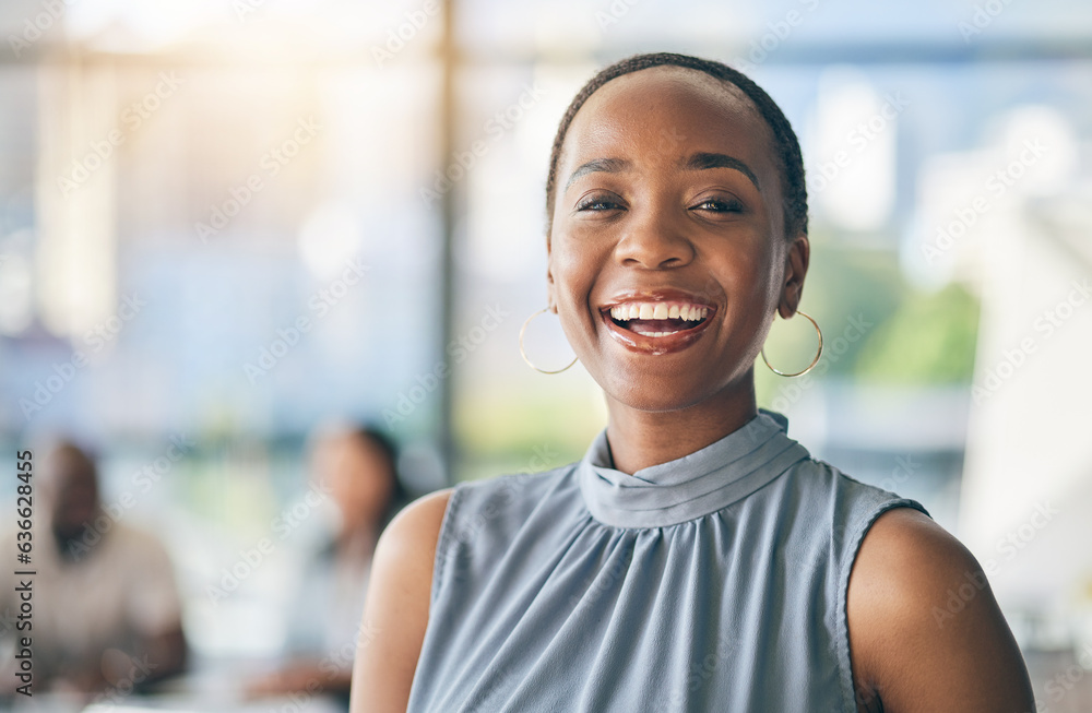 Portrait of black woman in office with mockup, smile and leadership in business meeting with profess