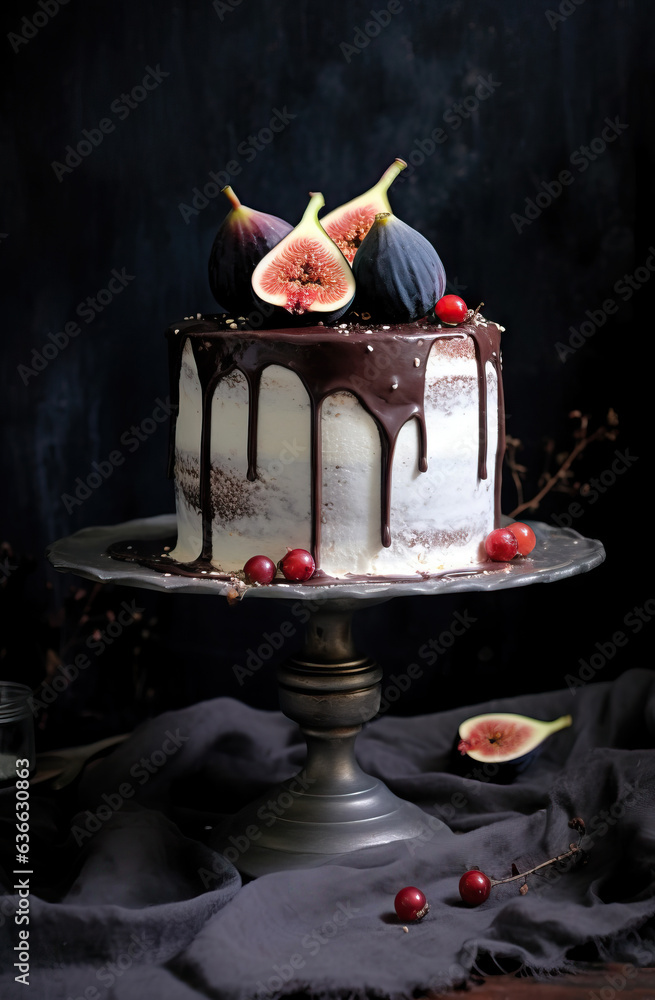 Homemade cake with blackberries, figs and chocolate on a dark background