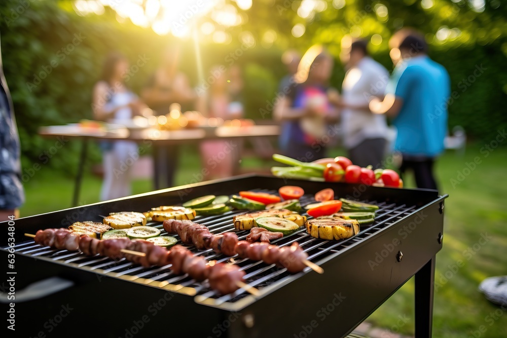 Barbecue grill during party at backyard with blured a lot of friends morning