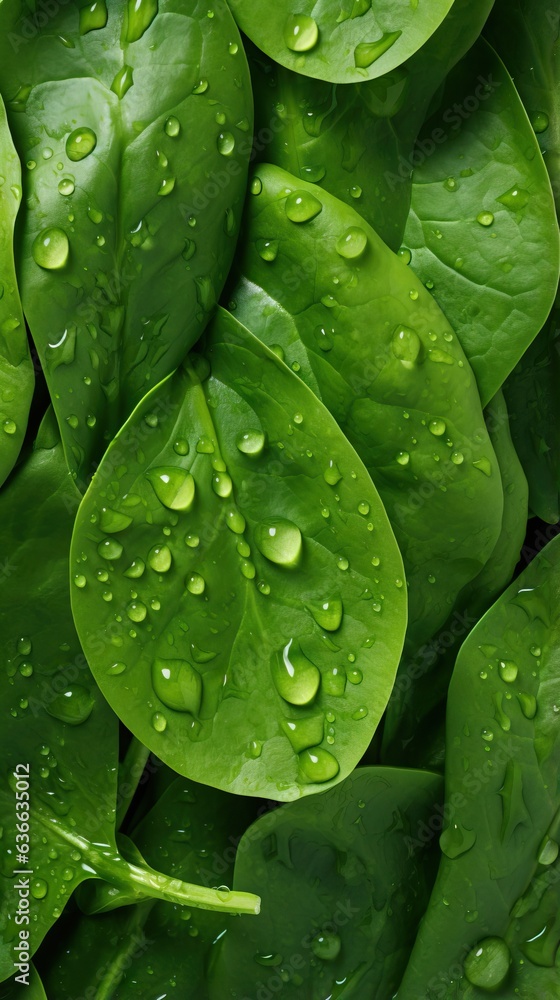 Fresh Spinach leaves seamless background, adorned with glistening droplets of water.