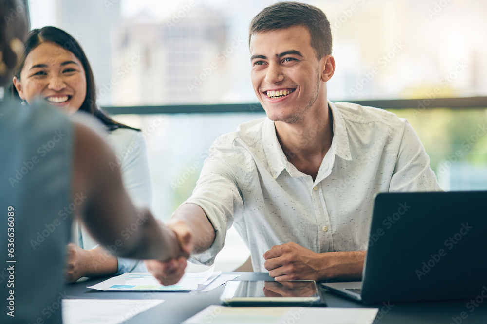 Business people, shaking hands and happy in interview, hiring or onboarding. Handshake, deal and gro