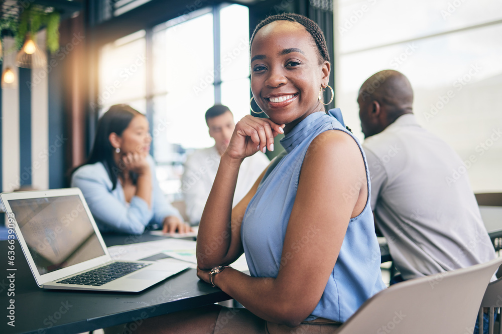 Portrait, business and black woman in a meeting, planning and brainstorming with ideas, laptop and f