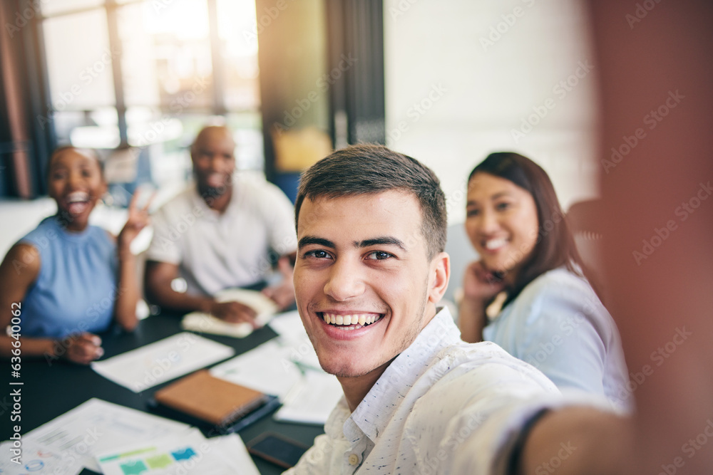 Selfie, portrait or happy businessman in meeting taking photo to post on social media together. Smil