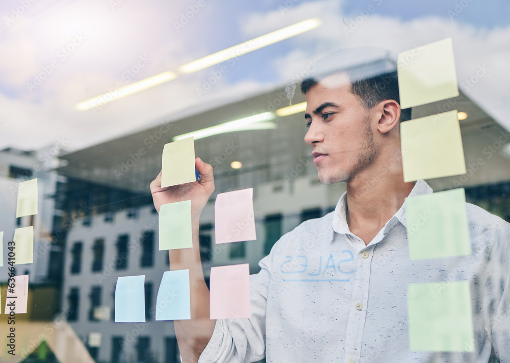 Glass, window and man, brainstorming and writing on sticky note, project management and strategy in 