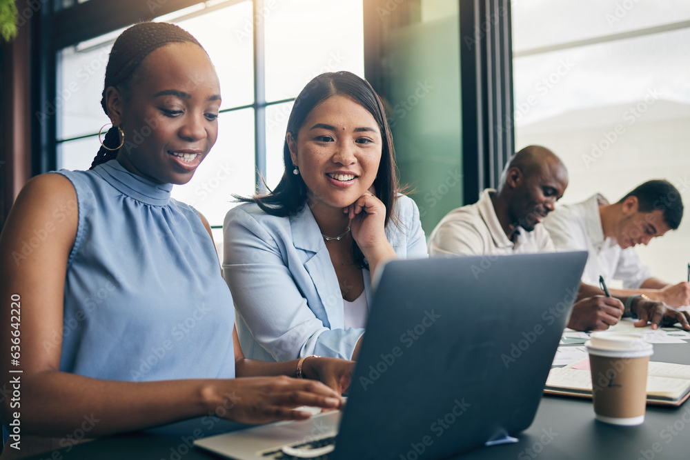 Business women, laptop and planning, teamwork or collaboration in coffee shop or coworking office at