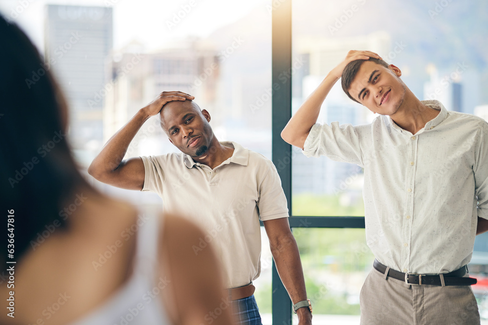 Fitness, stretching and a group of business people in the office to workout for health or mobility t