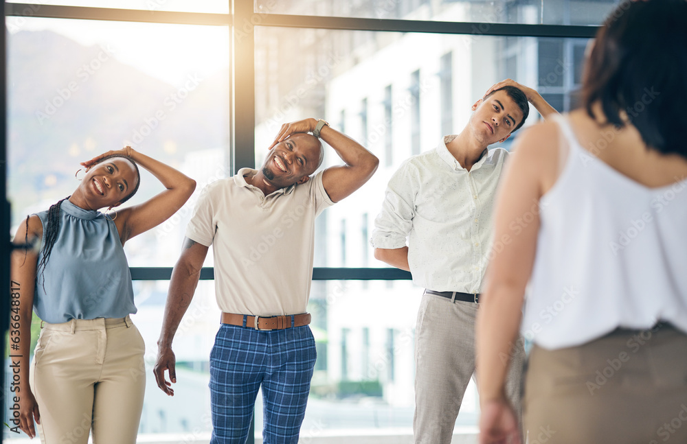 Exercise, stretching and a group of business people in the office to workout for health or mobility 