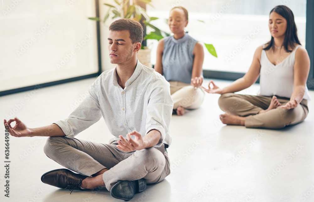 Yoga, office or business people relax in lotus pose for mental health or breathing exercise together