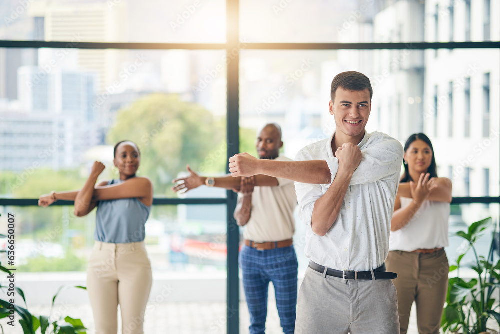 Workout, stretching and a group of business people in the office to exercise for health or mobility 