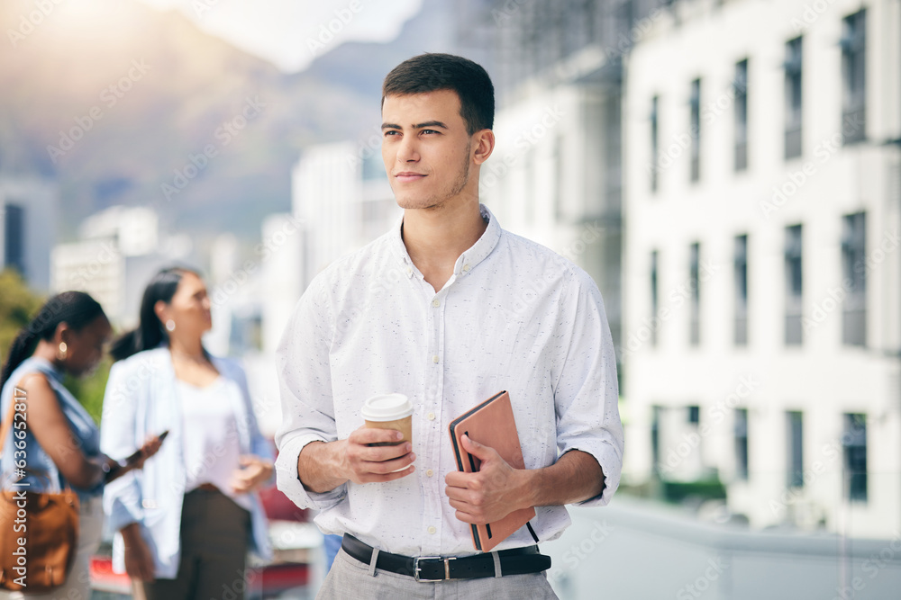 City, walking and businessman with tablet on coffee break from workplace, building or commute in urb