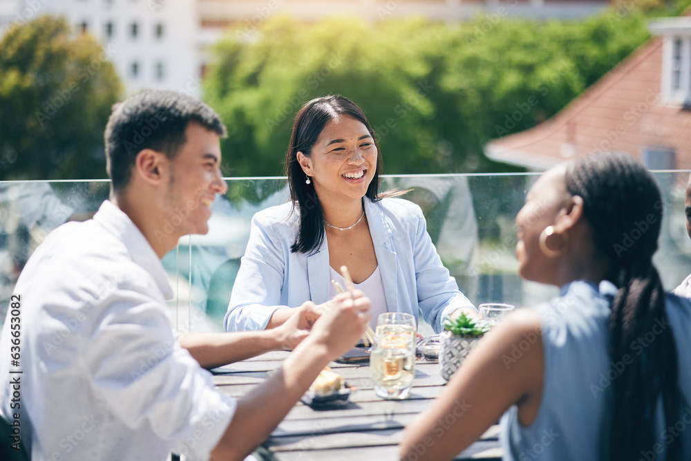 Conversation, lunch and friends eating on a rooftop of a building on break together at the office. H