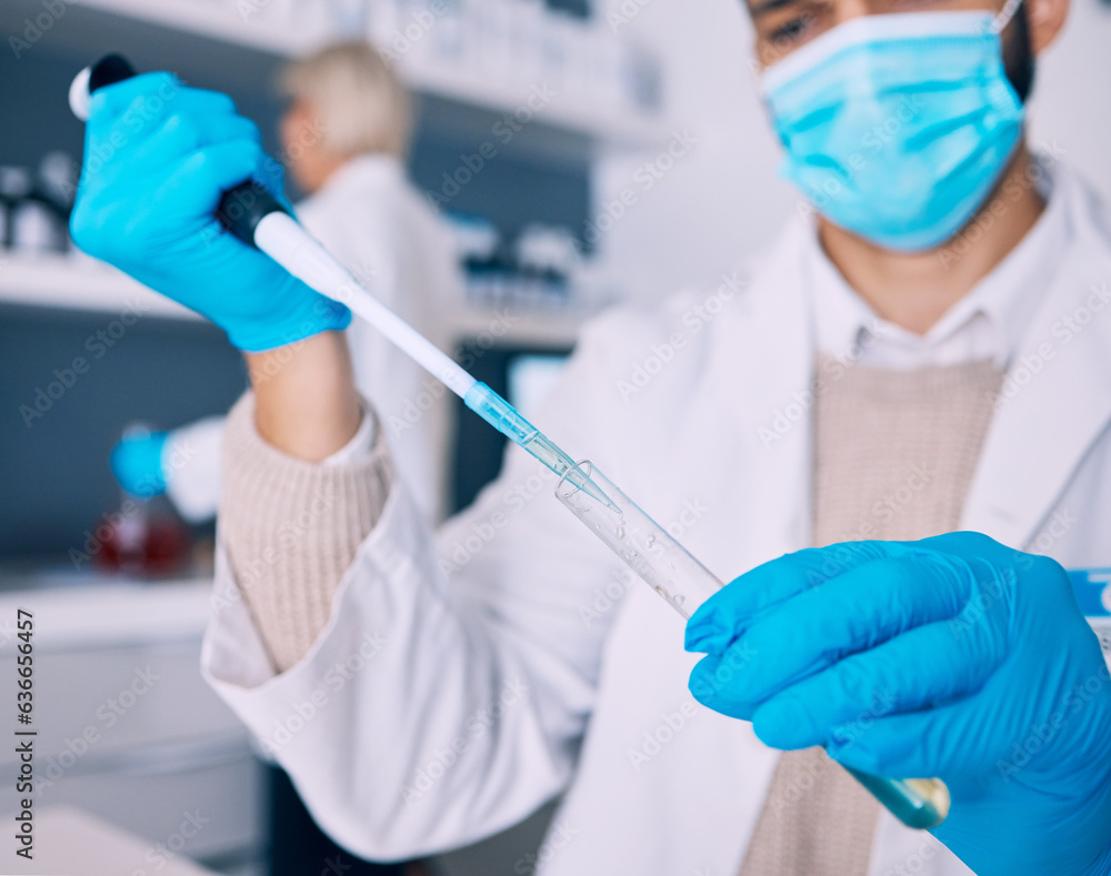 Closeup, vial and hands of a scientist for research of liquid for a chemistry test in a lab. Safety,