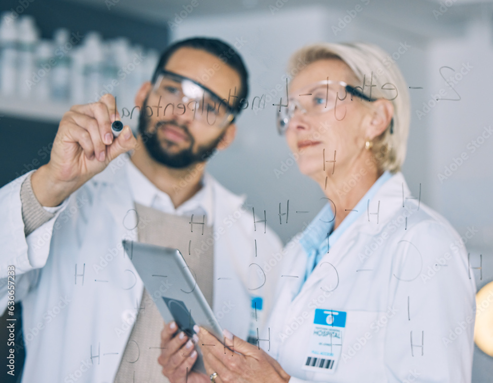 Tablet, science and a team planning while writing writing on glass in the laboratory for research or