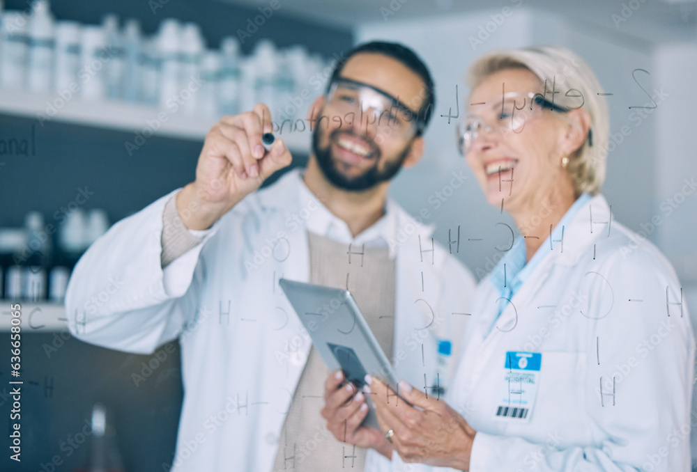 Tablet, science and research team writing on glass in the laboratory for planning on innovation. Hea