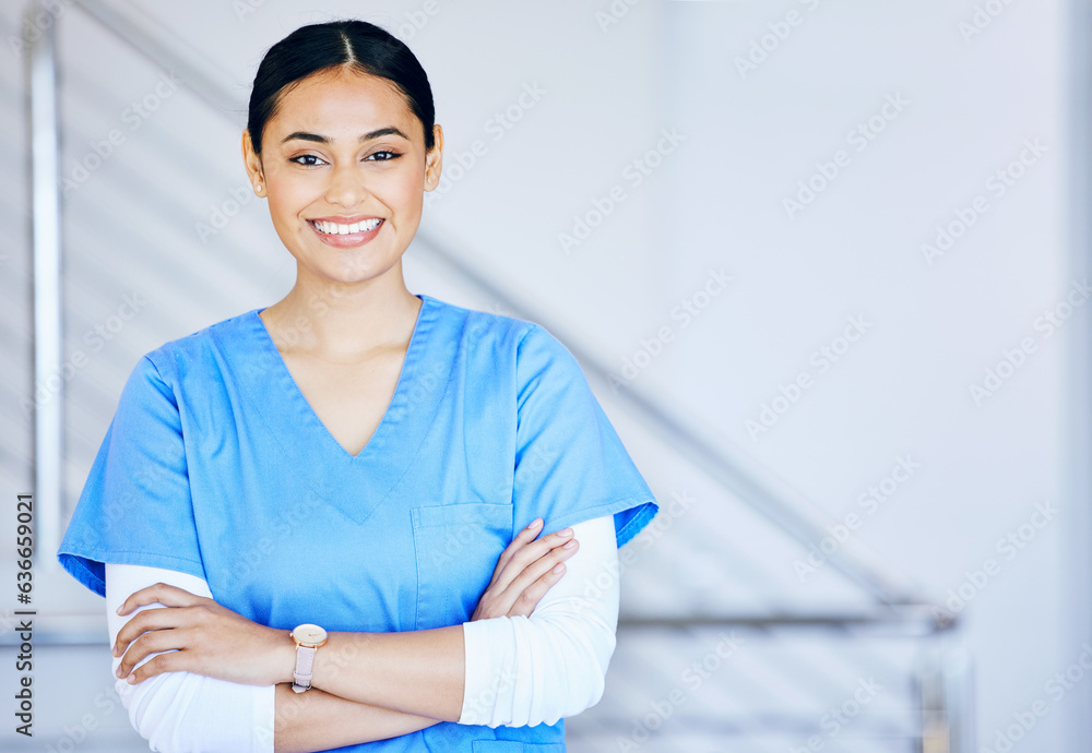 Portrait, nurse and woman with arms crossed, smile and career with healthcare, surgeon and expert in