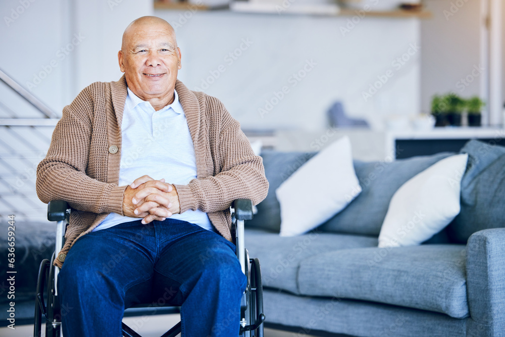 Senior man, portrait and wheelchair in retirement house with a smile from elderly care. Confidence, 