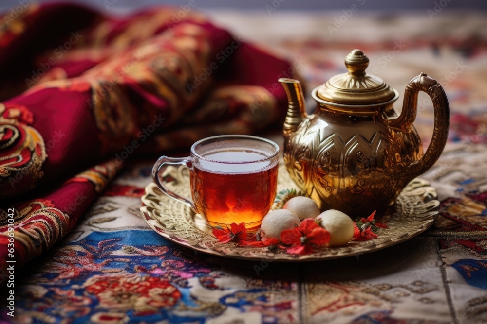 a beautiful Turkish tea set on a table cloth