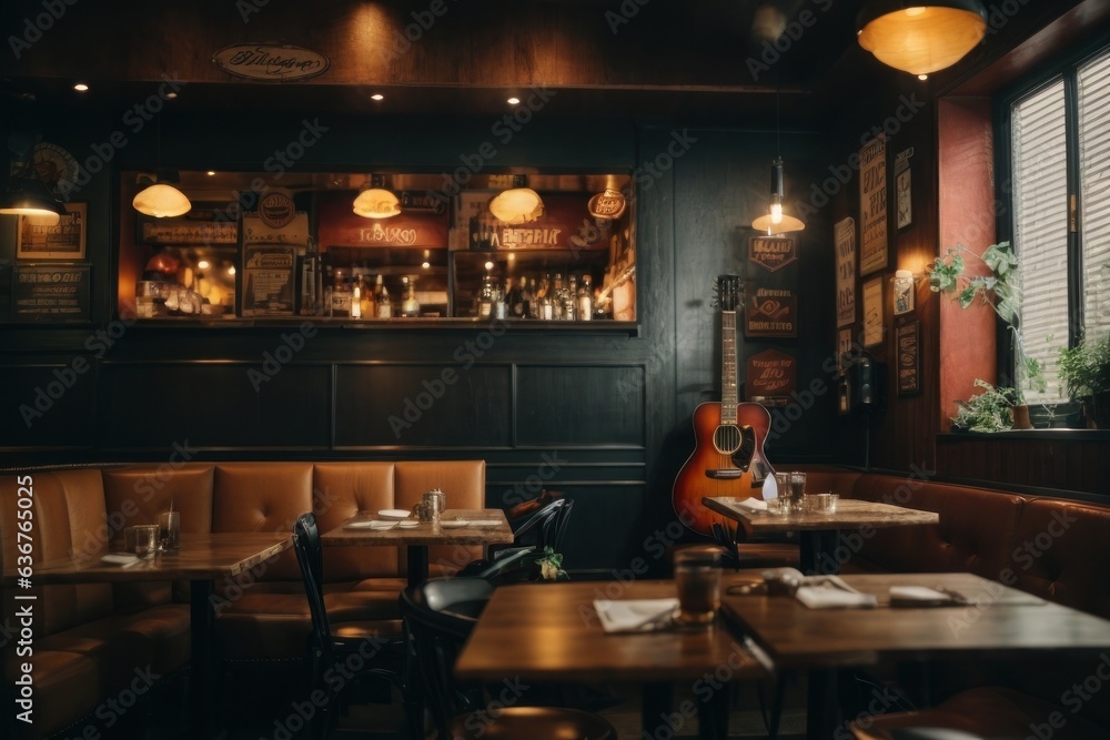 interior of a rock style restaurant, guitar on the wall