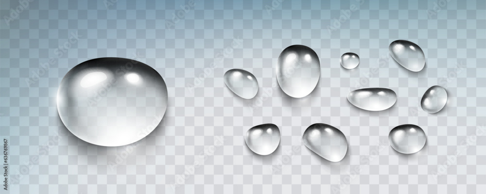 Water rain drop set isolated on transparent background. Realistic condense droplets collection. Vect