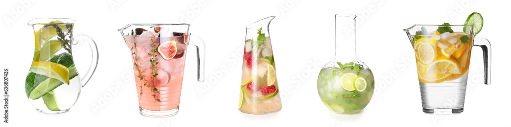 Collage of glass jars with tasty cold lemonades on white background