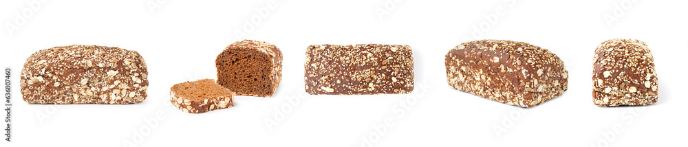 Collage of rye bread loaves on white background