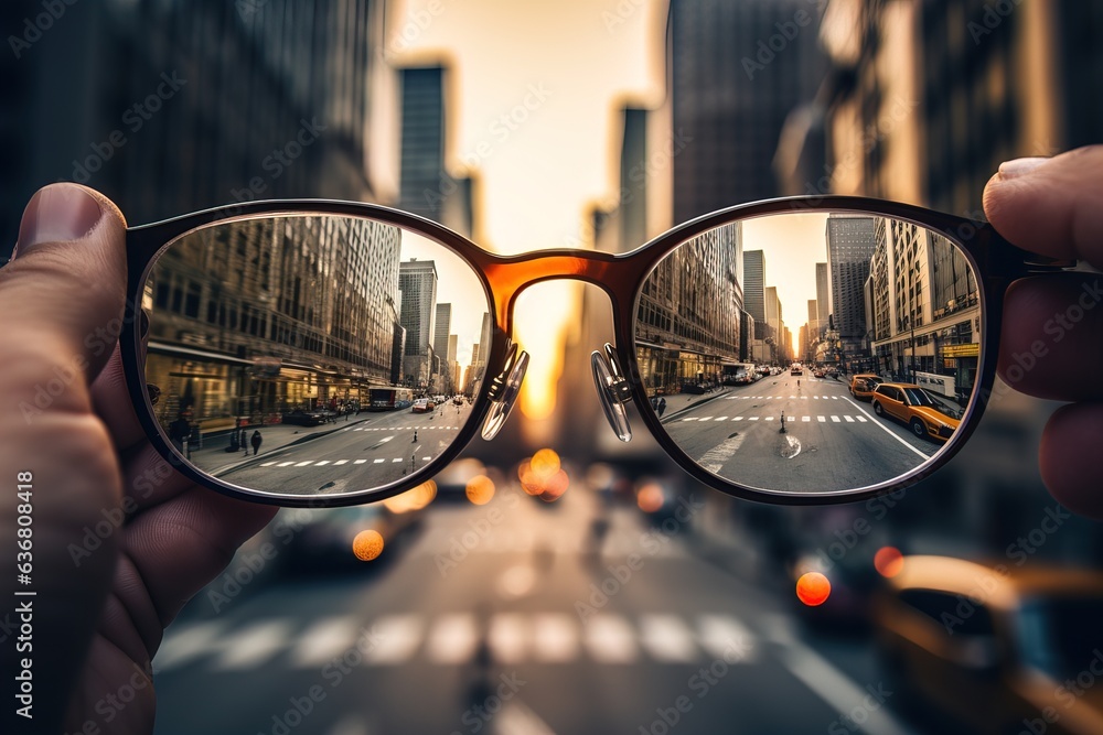 glasses against background of cityscape.