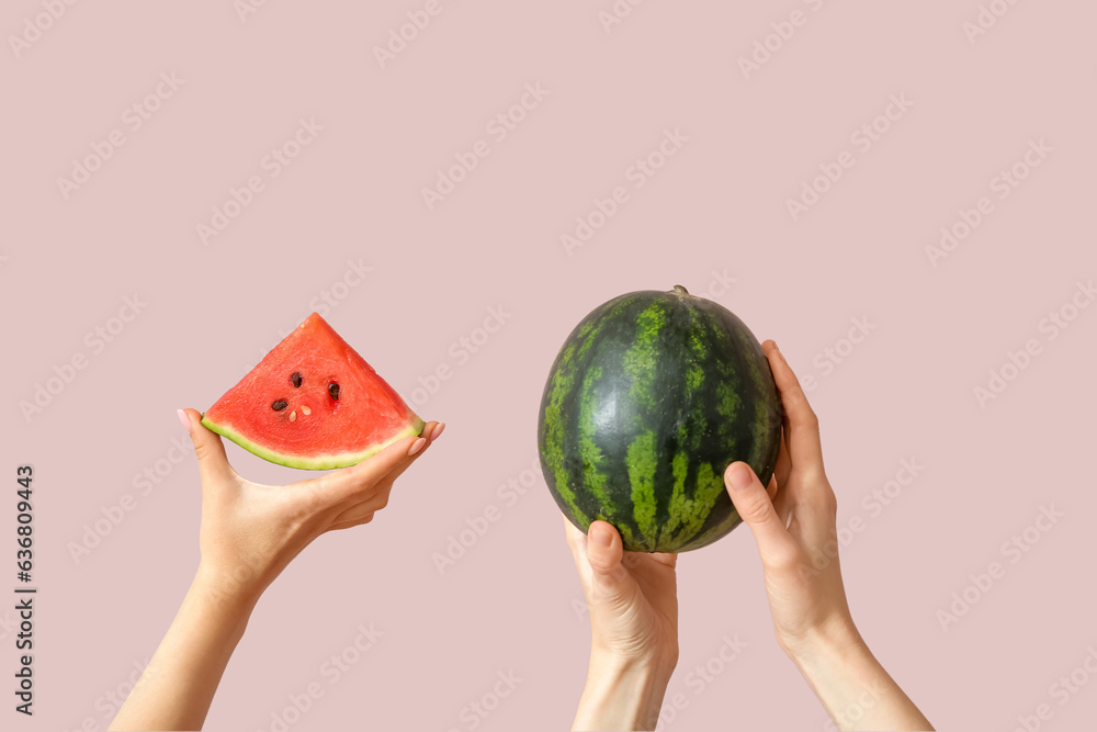 Female hands with whole ripe watermelon and piece on beige background