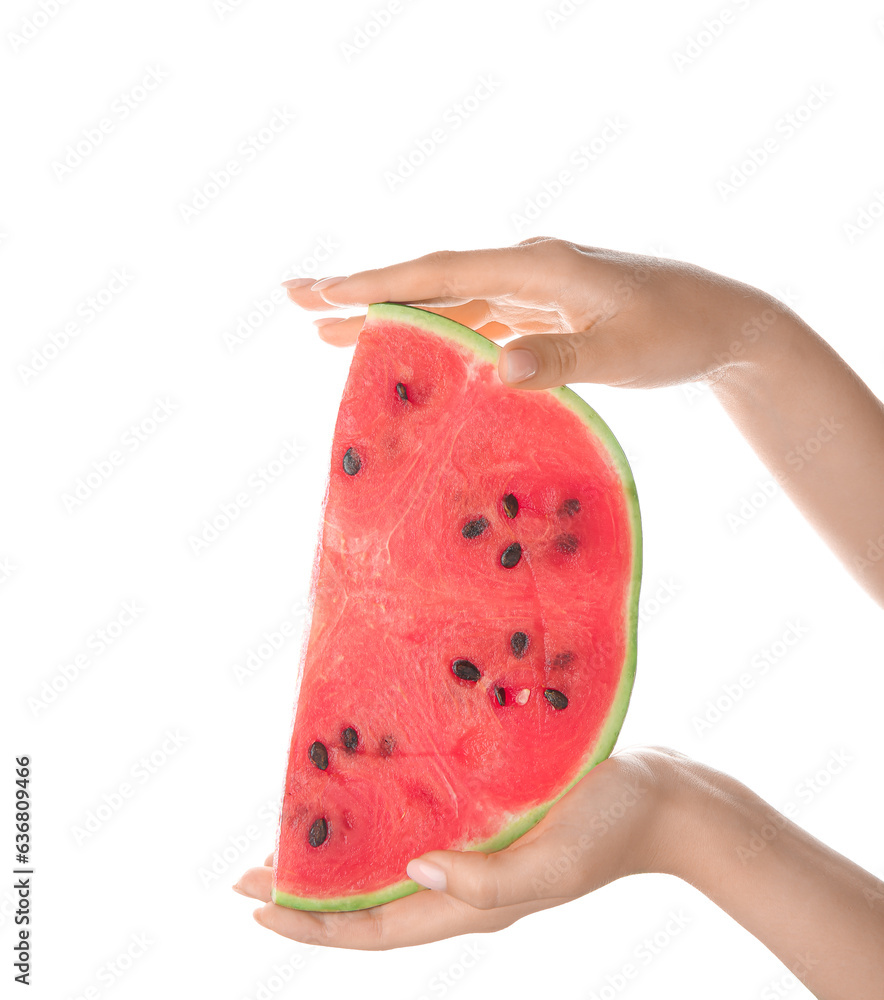 Female hands with piece of ripe watermelon on white background