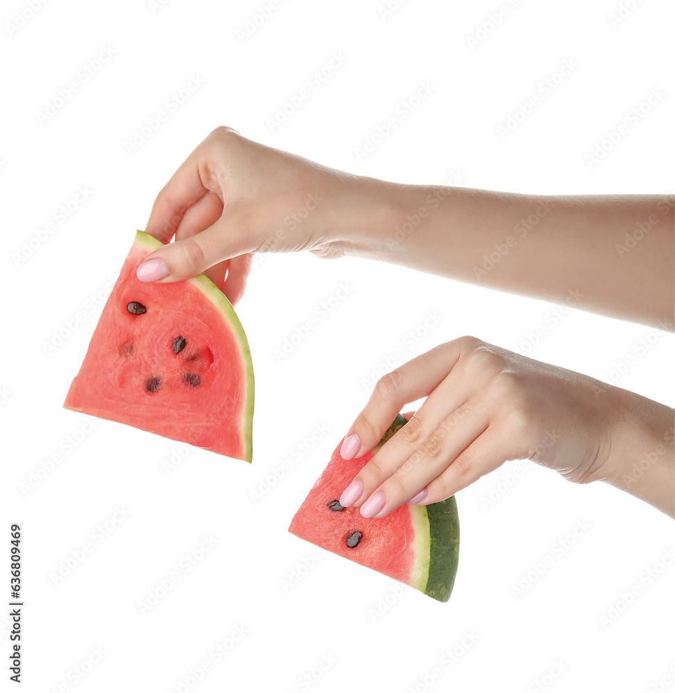 Female hands with pieces of ripe watermelon on white background